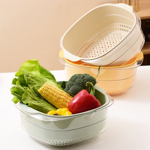 pet双层塑料沥水篮 厨房实用耐摔蔬菜水果篮 透明沥水防尘多用盆